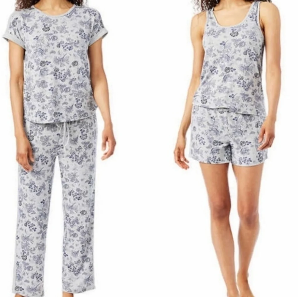 Lucky Brand Mini Denim Floral 4 Piece Pajama Set Blue Grey XXL